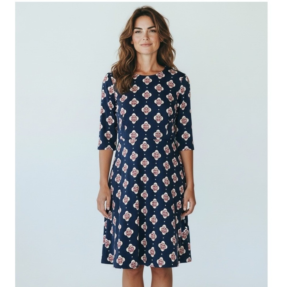 LOFT Outlet Dress Women 16 Navy Blue Floral Print 3/4 Sleeve Midi Classic Career